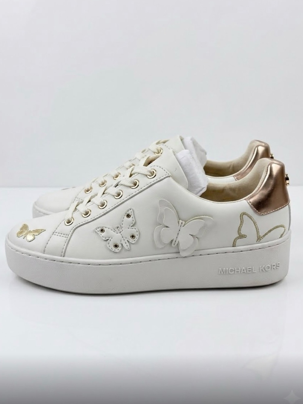 Michael Kors Poppy Butterfly Platform Sneakers White Gold Size 7